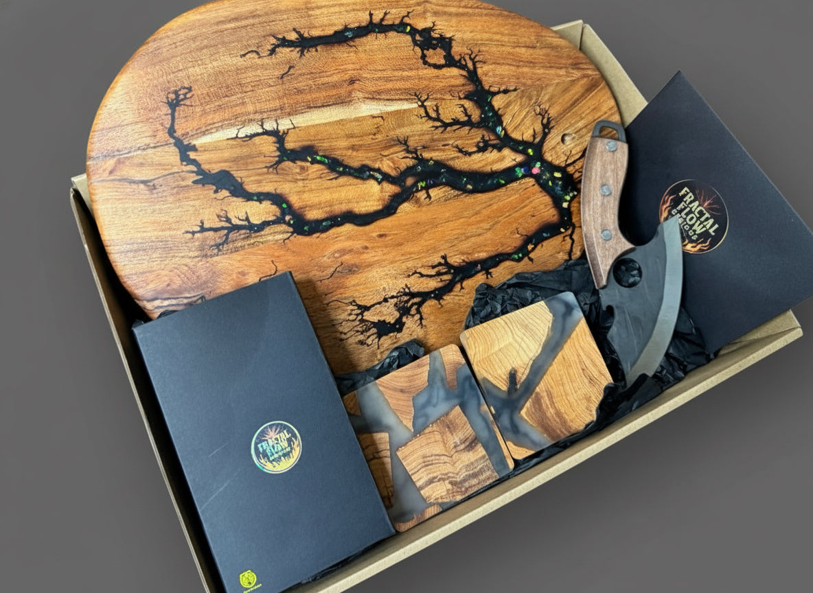 Cheese serving gift set with resin board and forged knife handcrafted in East Gippsland