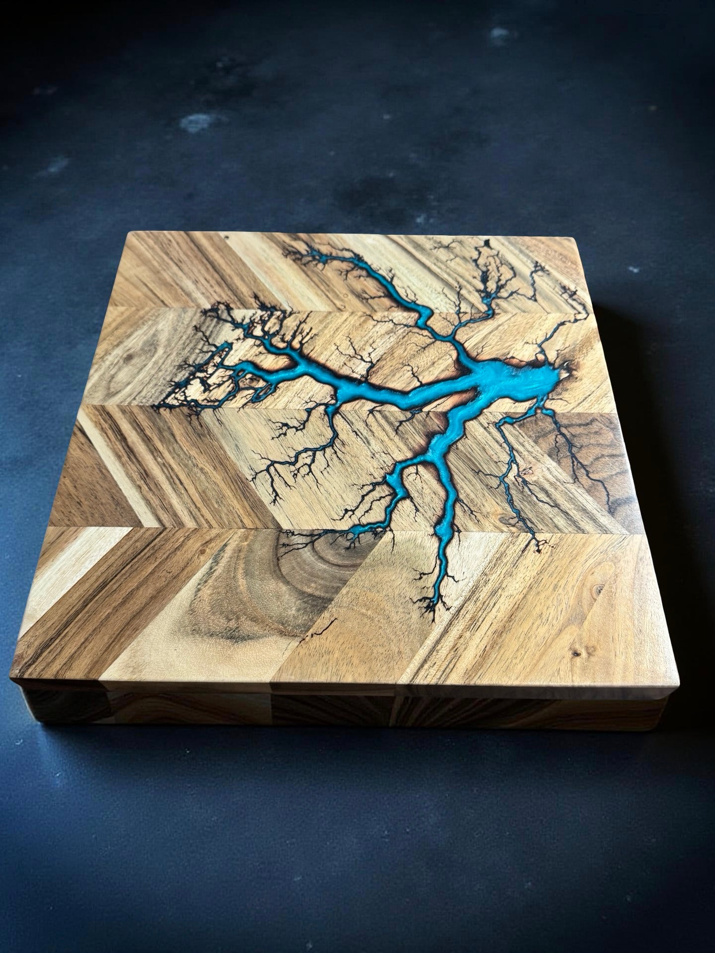 320 x 320 square chopping board featuring mermaid blue resin artwork sustainable Australian timber grazing and prep board resin boards Australia handcrafted in East Gippsland by Fractal Flow Designs