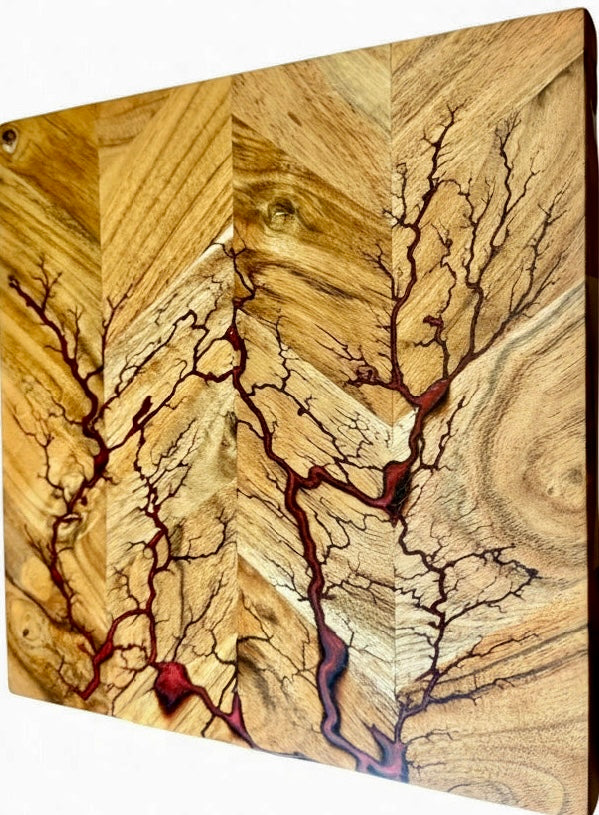 Handcrafted resin chopping board with unique electric fractal patterns and rich timber texture