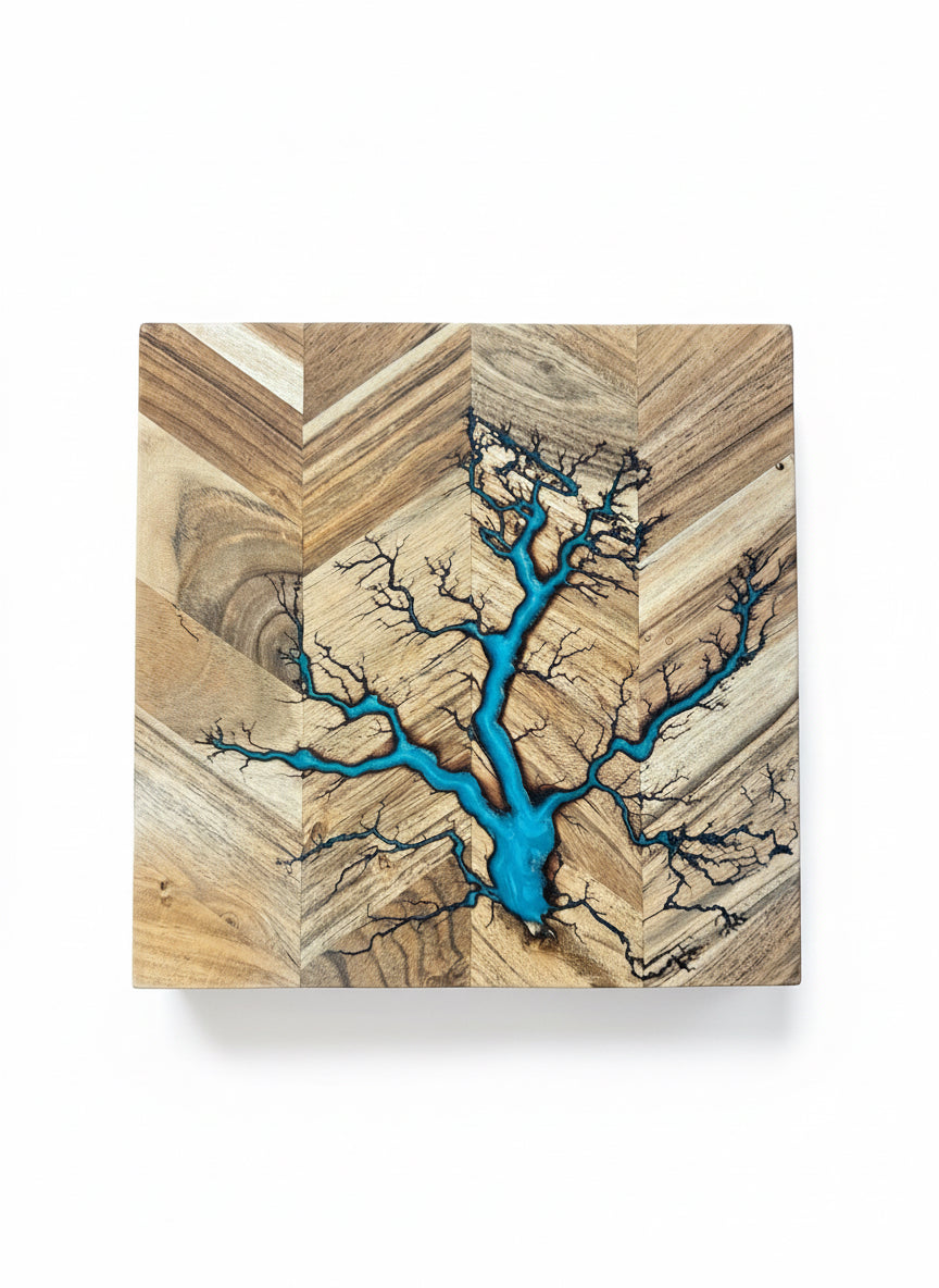 Premium 320 x 320 mermaid blue resin chopping board featuring bold fractal burning designs on Australian hardwood resin boards Australia created in Australia by Fractal Flow Designs