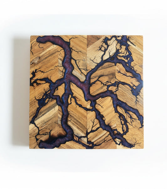 Square chopping board 320 x 320 featuring a red green chameleon resin pour blended with lightning style fractal burning art sustainable Australian timber resin boards Australia handmade by Fractal Flow Designs