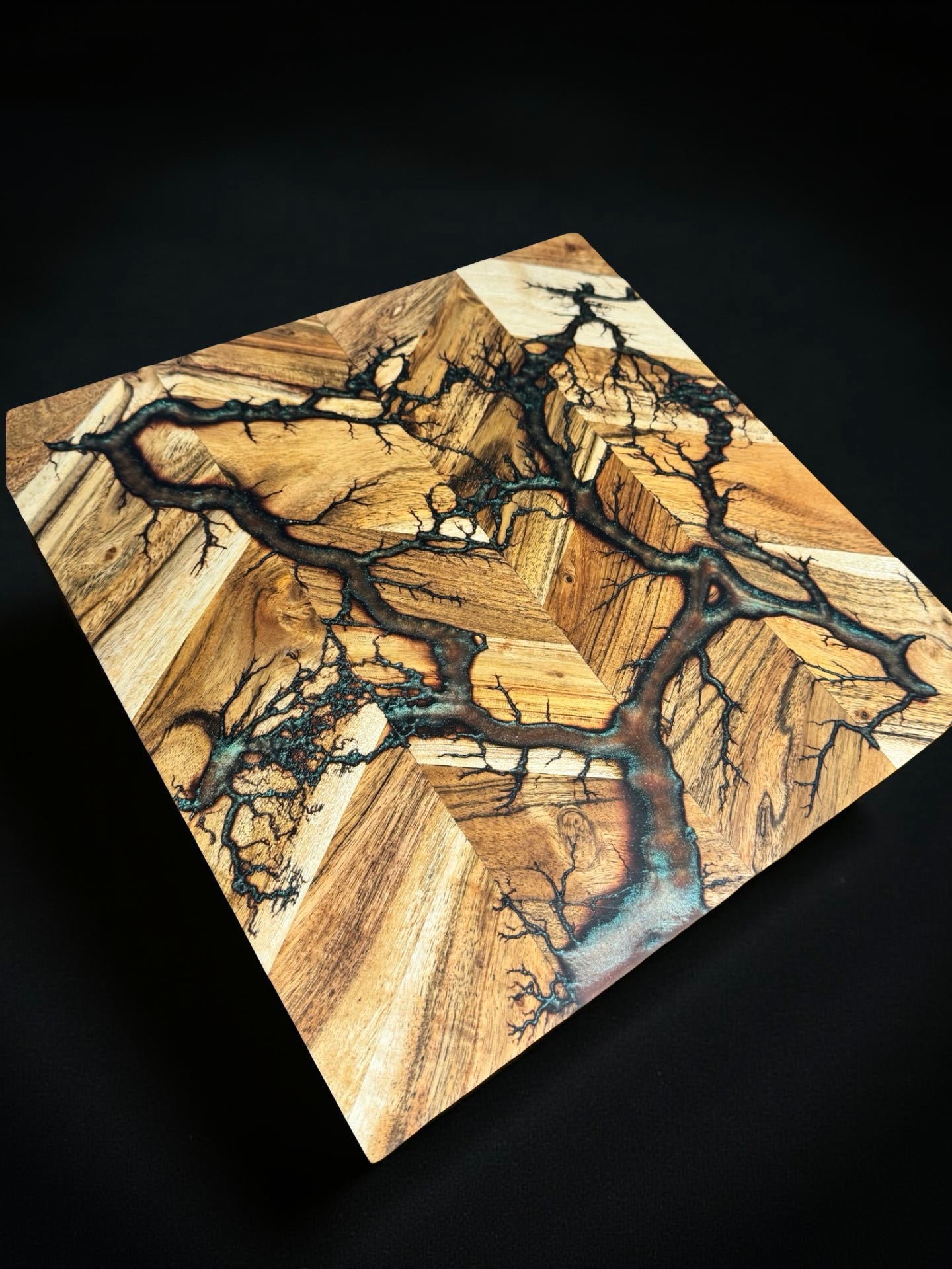 Red green chameleon resin chopping board 320 x 320 with vivid colour shift accents and bold fractal burning artwork Australian hardwood resin boards Australia crafted in East Gippsland