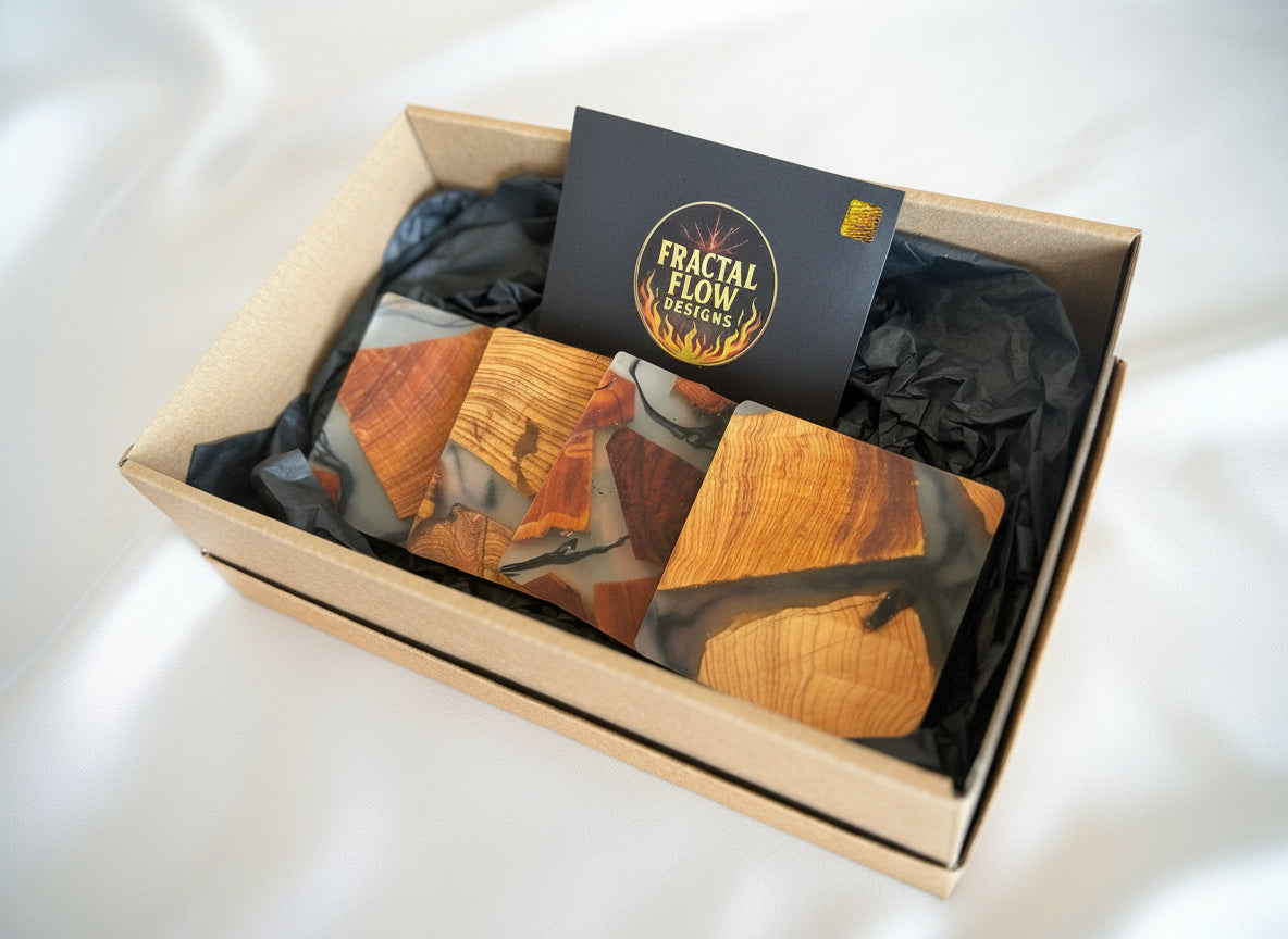 Handcrafted resin and wood coasters by Fractal Flow Designs – Australian-made acacia timber coasters with bold resin art, perfect for home décor and gifting | East Gippsland Resin Boards