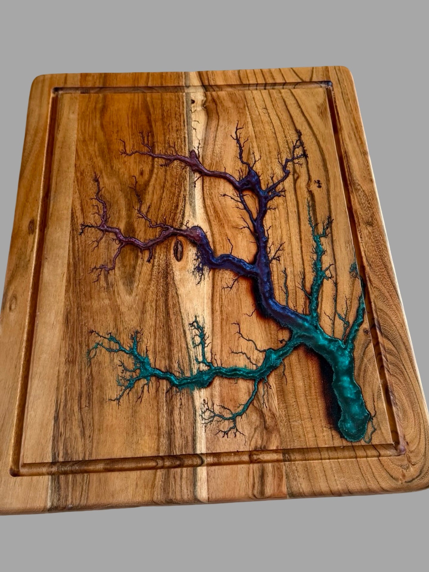 Large Australian acacia chopping board featuring vibrant blue, green and purple resin art with handcrafted fractal burning, one of a kind premium timber kitchen board made in Australia