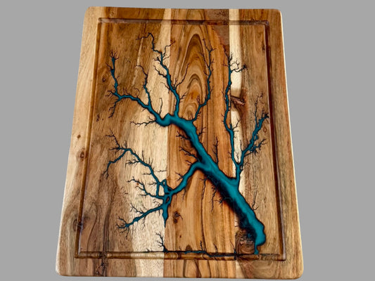     Large Australian acacia chopping board with deep marine green resin art and handcrafted fractal burning, one of a kind timber kitchen board made in Australia