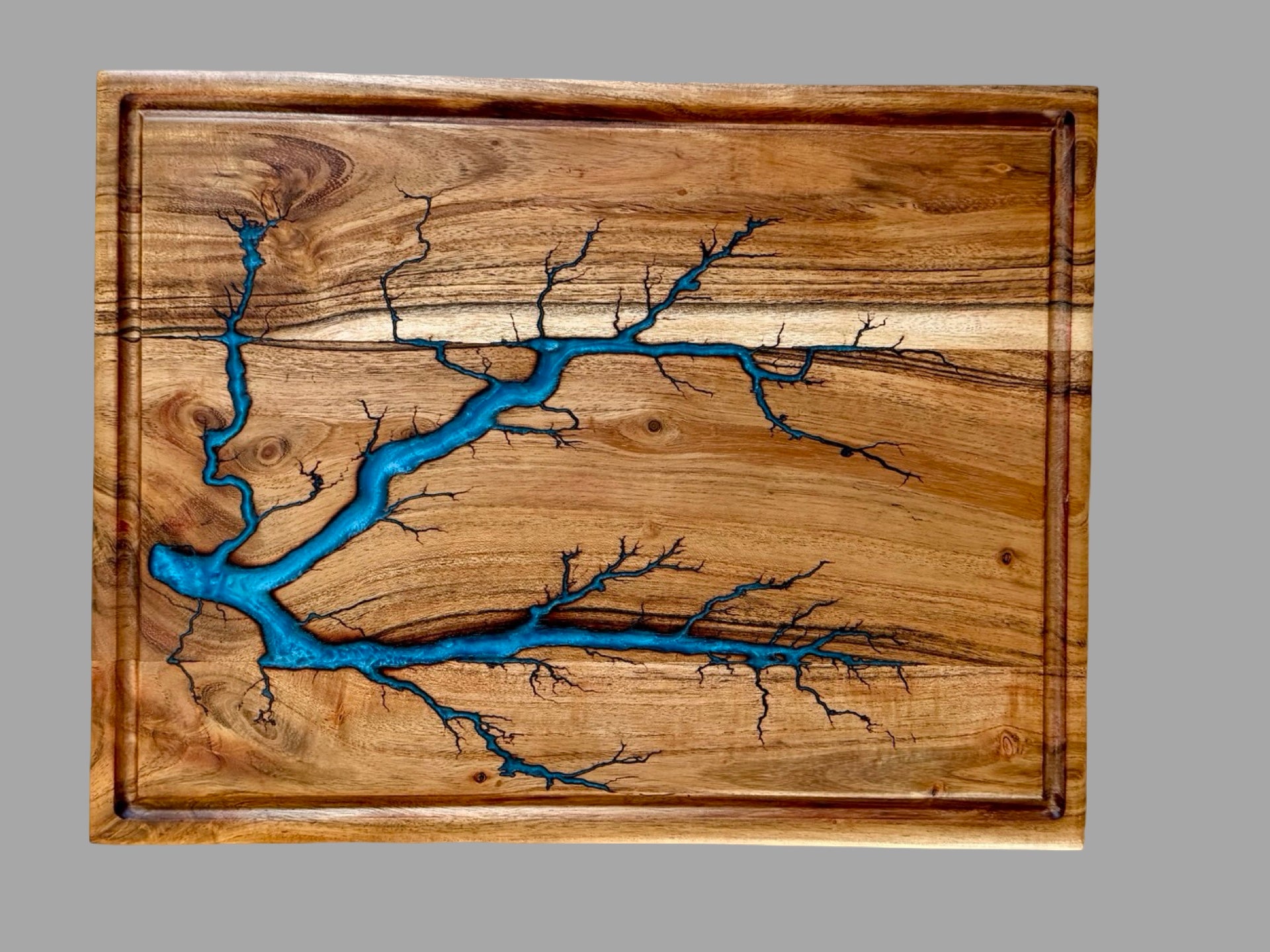     Large Australian acacia chopping board with vibrant sky blue resin art and handcrafted fractal burning, premium one of a kind kitchen board made in Australia
