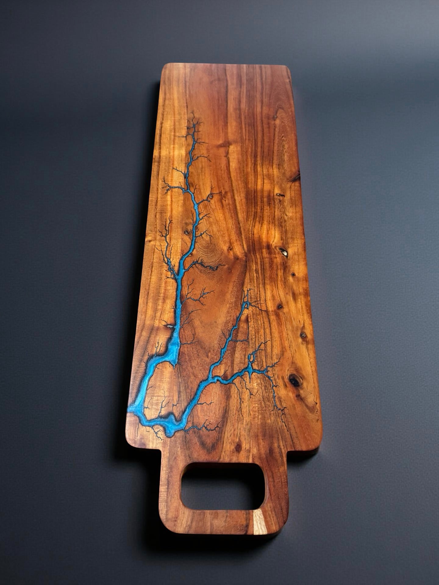 Long rustic live edge sky blue resin board premium handcrafted grazing platter Australia
