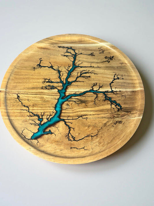 Teal round platter resin art Australia handcrafted serving board East Gippsland