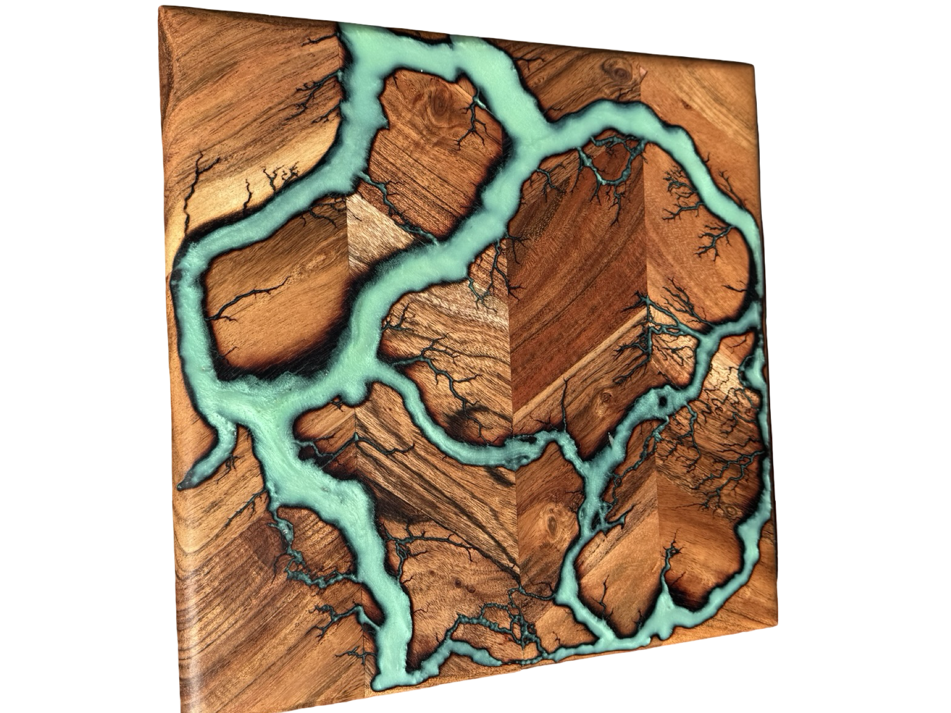 Iridescent green cutting board resin timber chopping board Australia East Gippsland Fractal Flow Designs