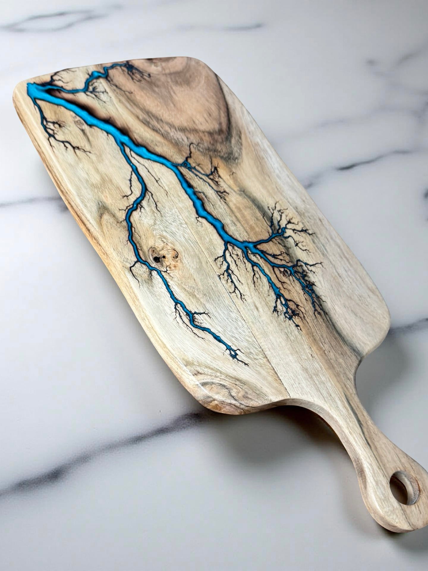 Australian acacia cheese board lagoon blue resin rectangle paddle with fractal burning accents