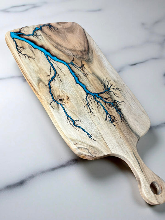Australian acacia cheese board lagoon blue resin rectangle paddle with fractal burning accents
