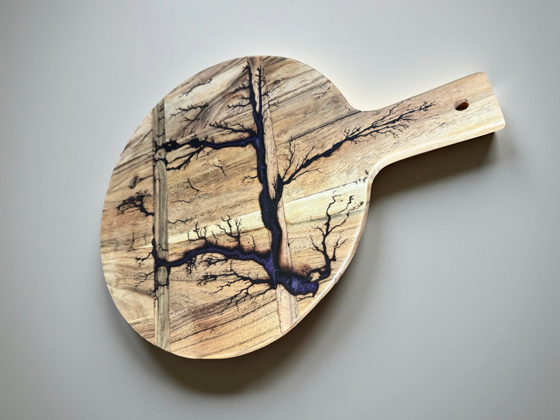 Purple resin round acacia cheese paddle with fractal burning art resin boards australia east gippsland