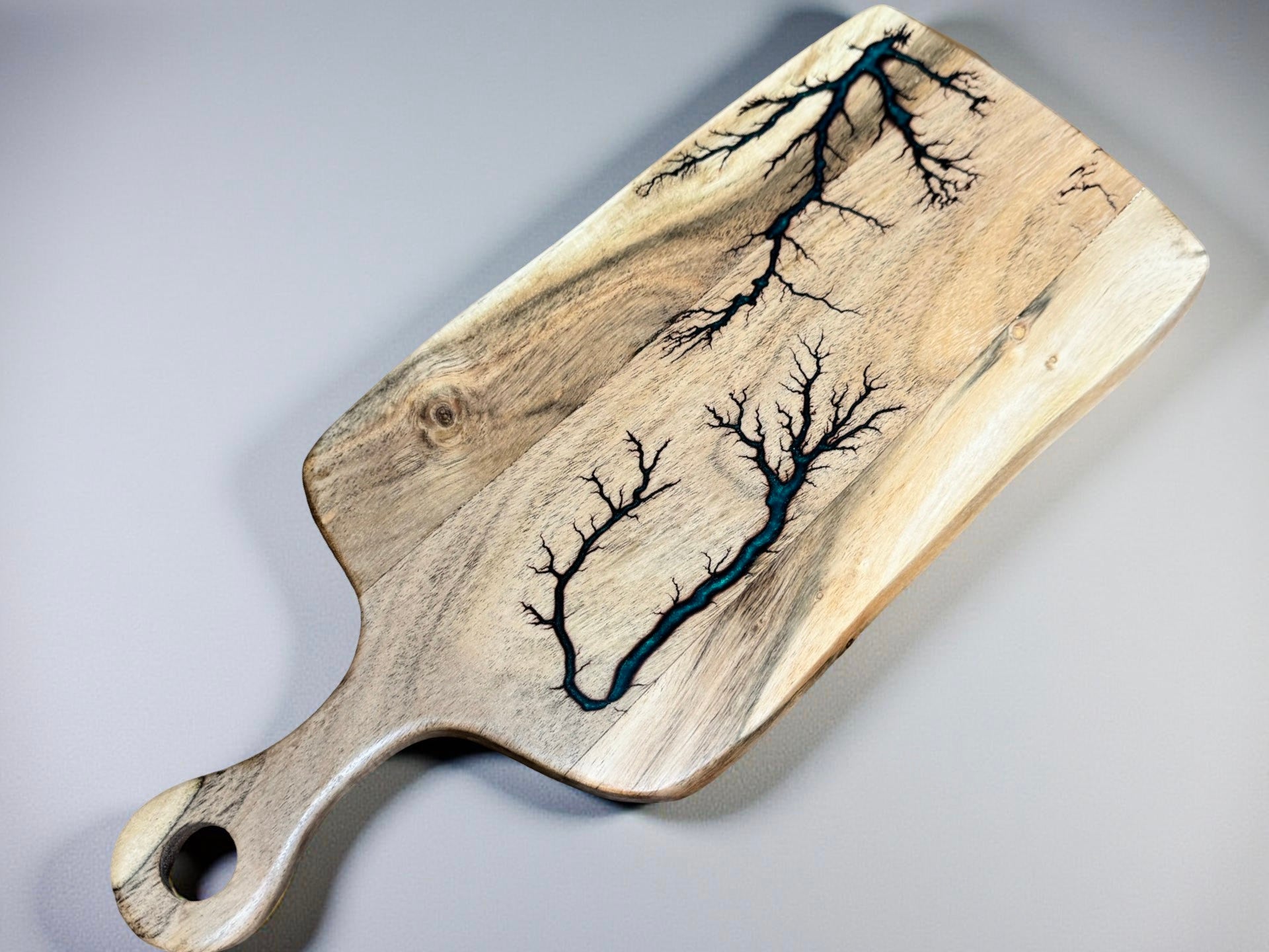 Australian acacia cheese paddle green resin art rectangle board fractal burning handcrafted