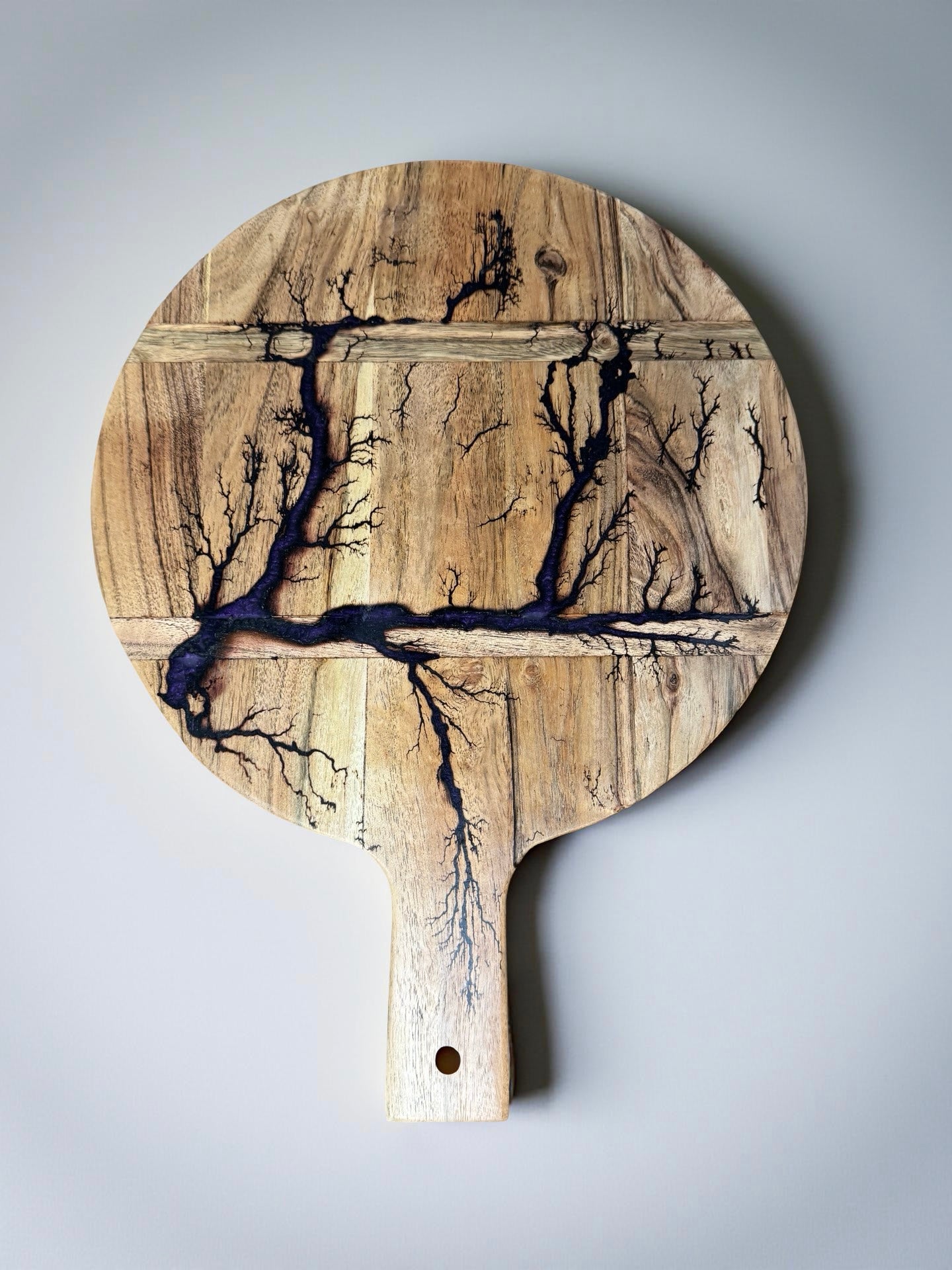 Round cheese paddle purple resin boards Australia acacia handcrafted with fractal burning art