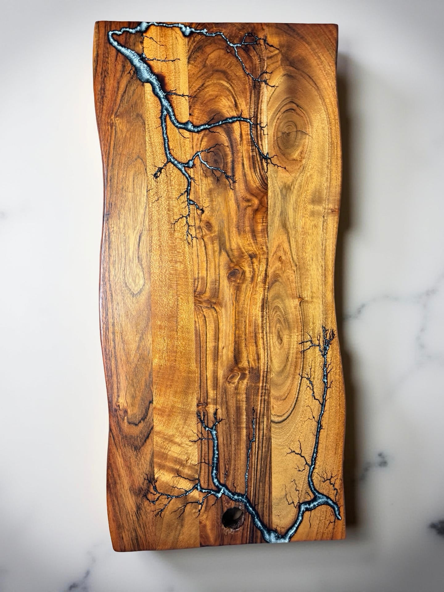 Silver reflective resin live edge grazing board resin boards Australia powerful fractal burning pattern