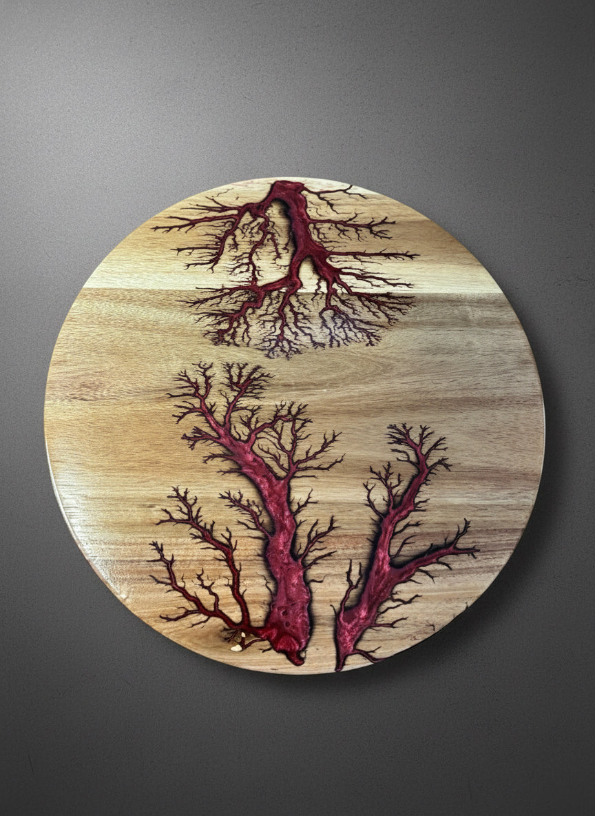 Handcrafted resin lazy Susan rotating grazing board by Fractal Flow Designs, Australian timber platter for cheese and entertaining, premium resin art design East Gippsland